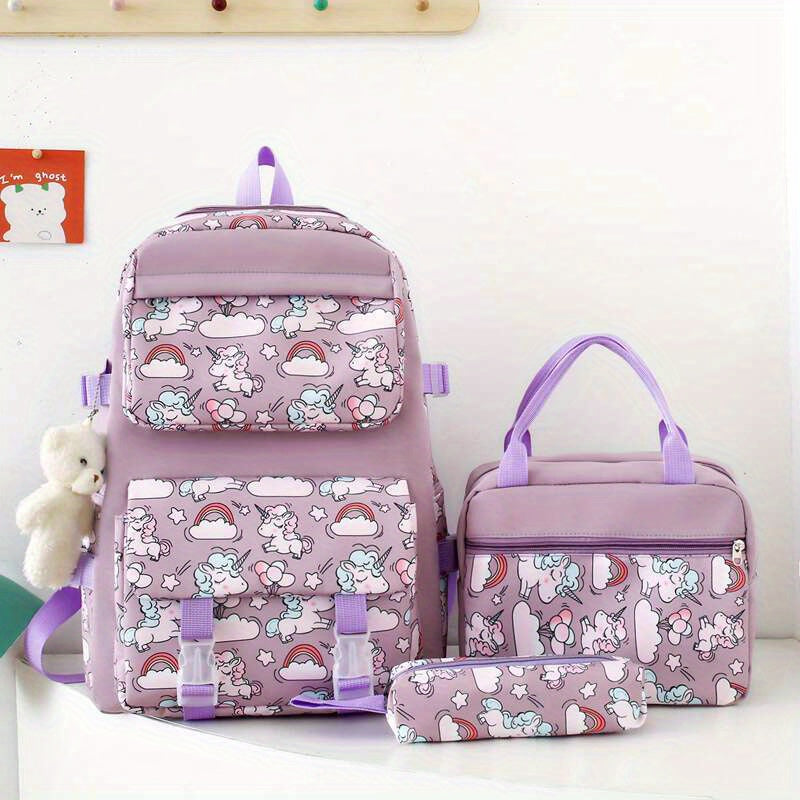 3-Piece Set Backpack With Lunch Bag And Pencil Case, Insulated Lunch Box, Large Capacity, Cartoon School Bag