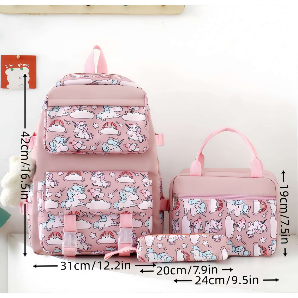 3-Piece Set Backpack With Lunch Bag And Pencil Case, Insulated Lunch Box, Large Capacity, Cartoon School Bag