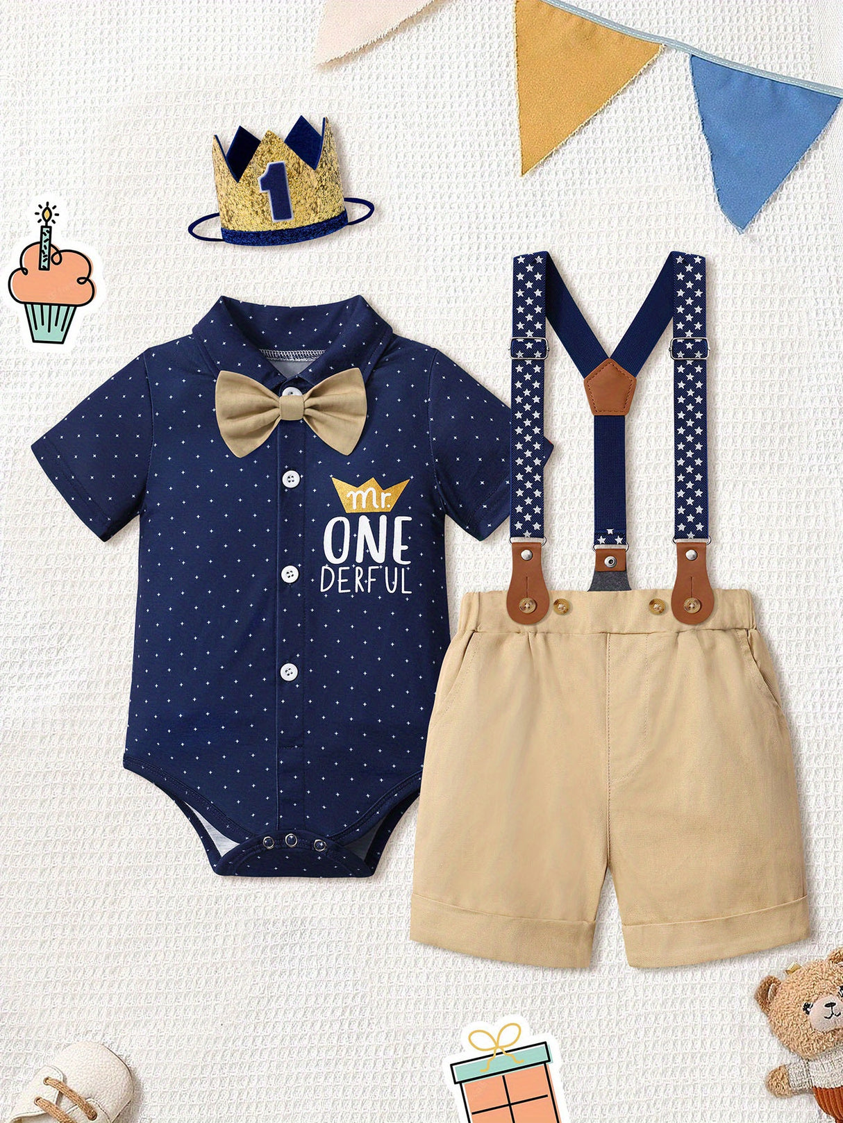 Baby Boy First Birthday Outfit Mr Onederful Bowtie Romper + Suspender Shorts+ Party Hat Cake Smash Outfits