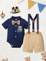 Baby Boy First Birthday Outfit Mr Onederful Bowtie Romper + Suspender Shorts+ Party Hat Cake Smash Outfits