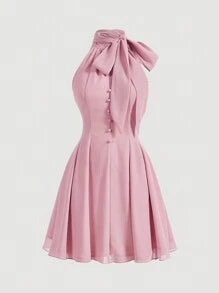 Pink Ribbon Bow Tie Strap Neck Romantic Dress