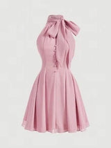 Pink Ribbon Bow Tie Strap Neck Romantic Dress