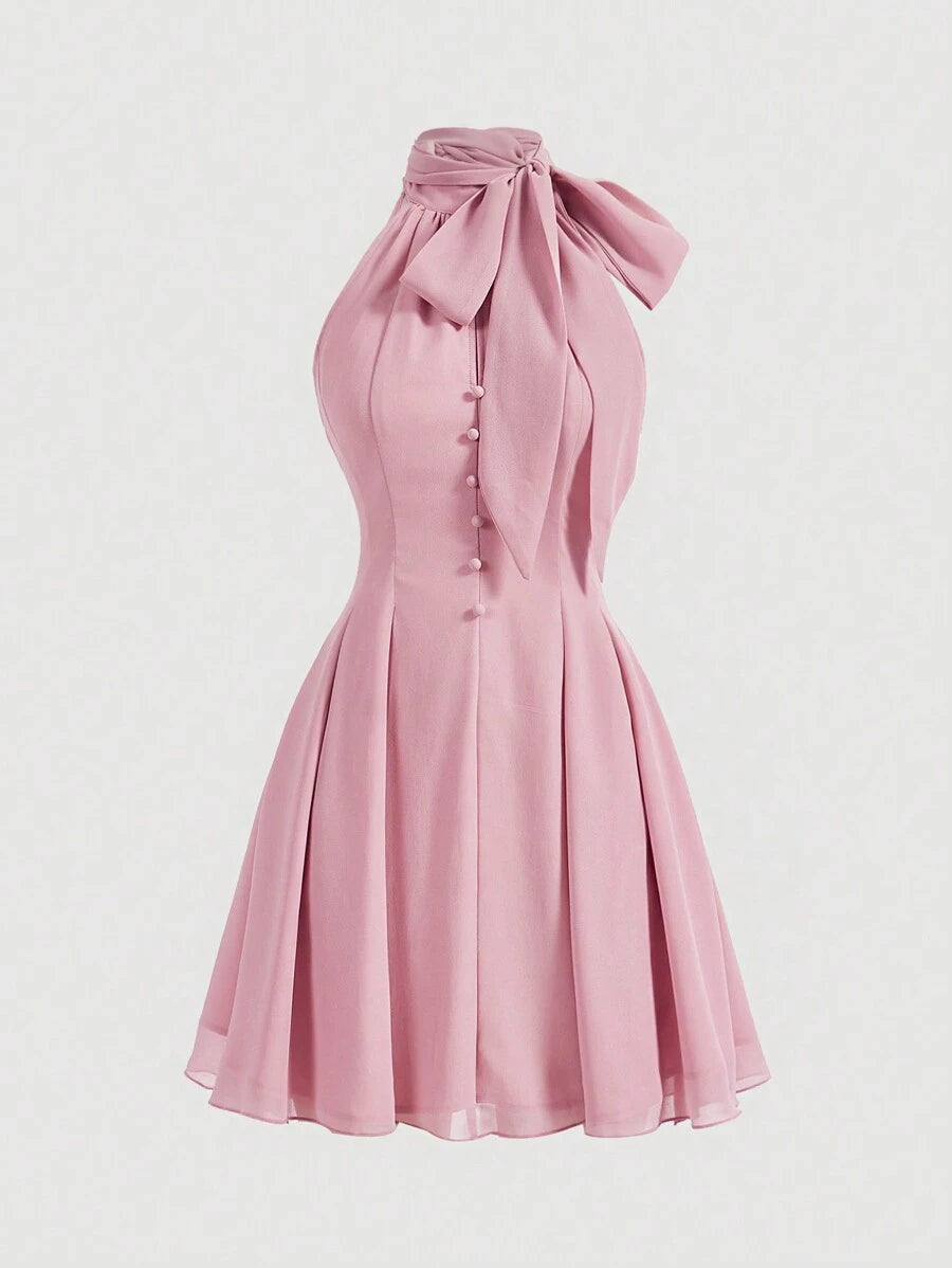 Pink Ribbon Bow Tie Strap Neck Romantic Dress