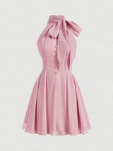 Pink Ribbon Bow Tie Strap Neck Romantic Dress