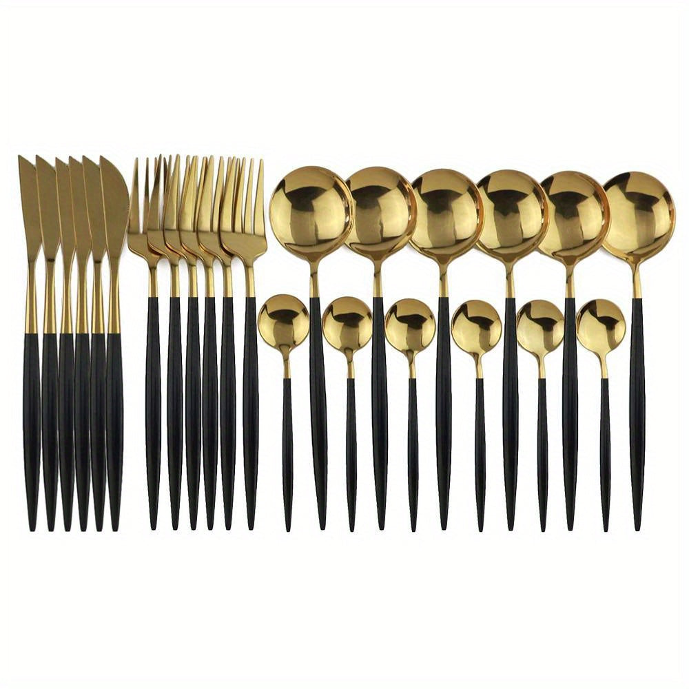 24pcs Gold Dinnerware Set Stainless Steel Tableware Set Knife Fork Spoon Flatware Set Dishwasher Safe Silverware Cutlery Set