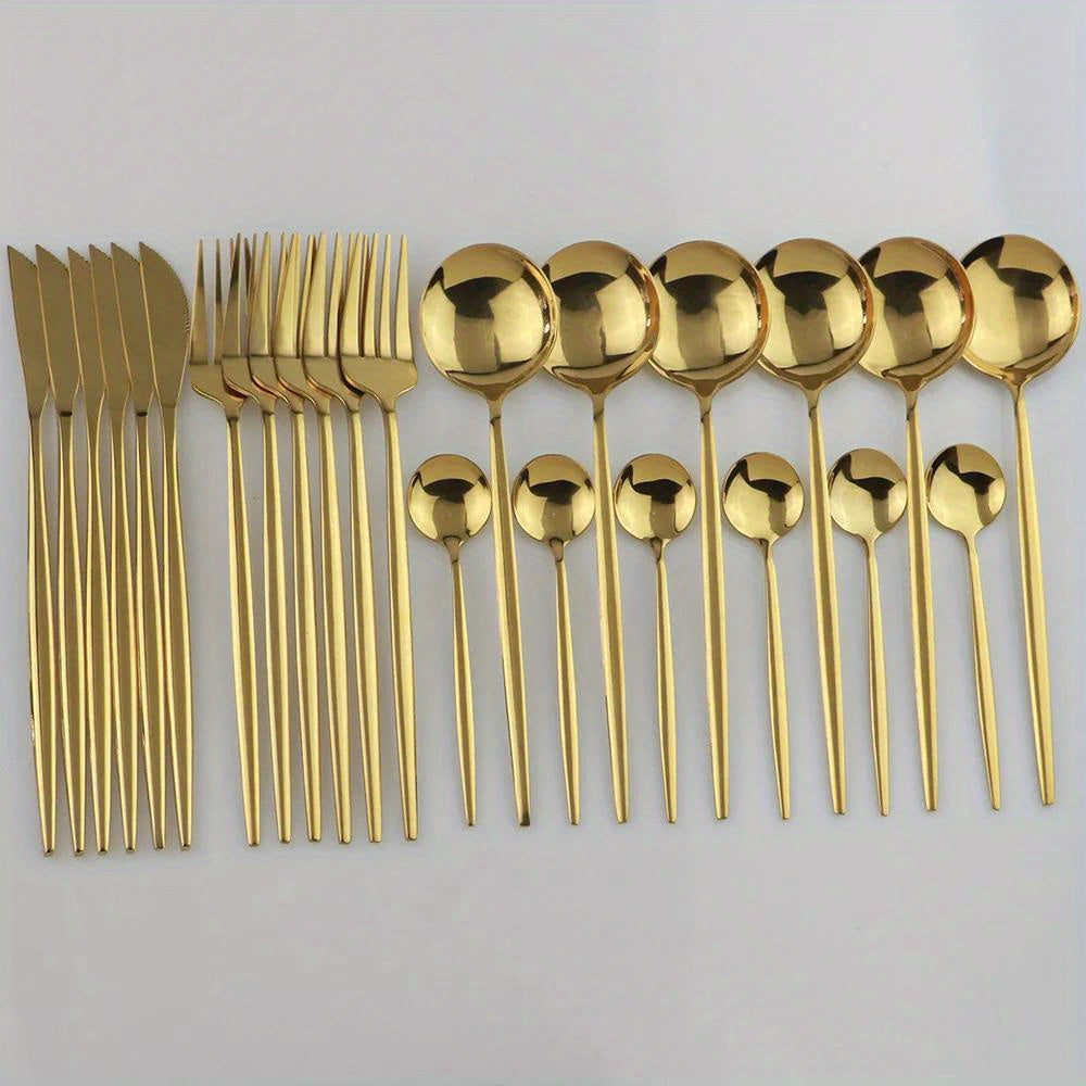 24pcs Gold Dinnerware Set Stainless Steel Tableware Set Knife Fork Spoon Flatware Set Dishwasher Safe Silverware Cutlery Set