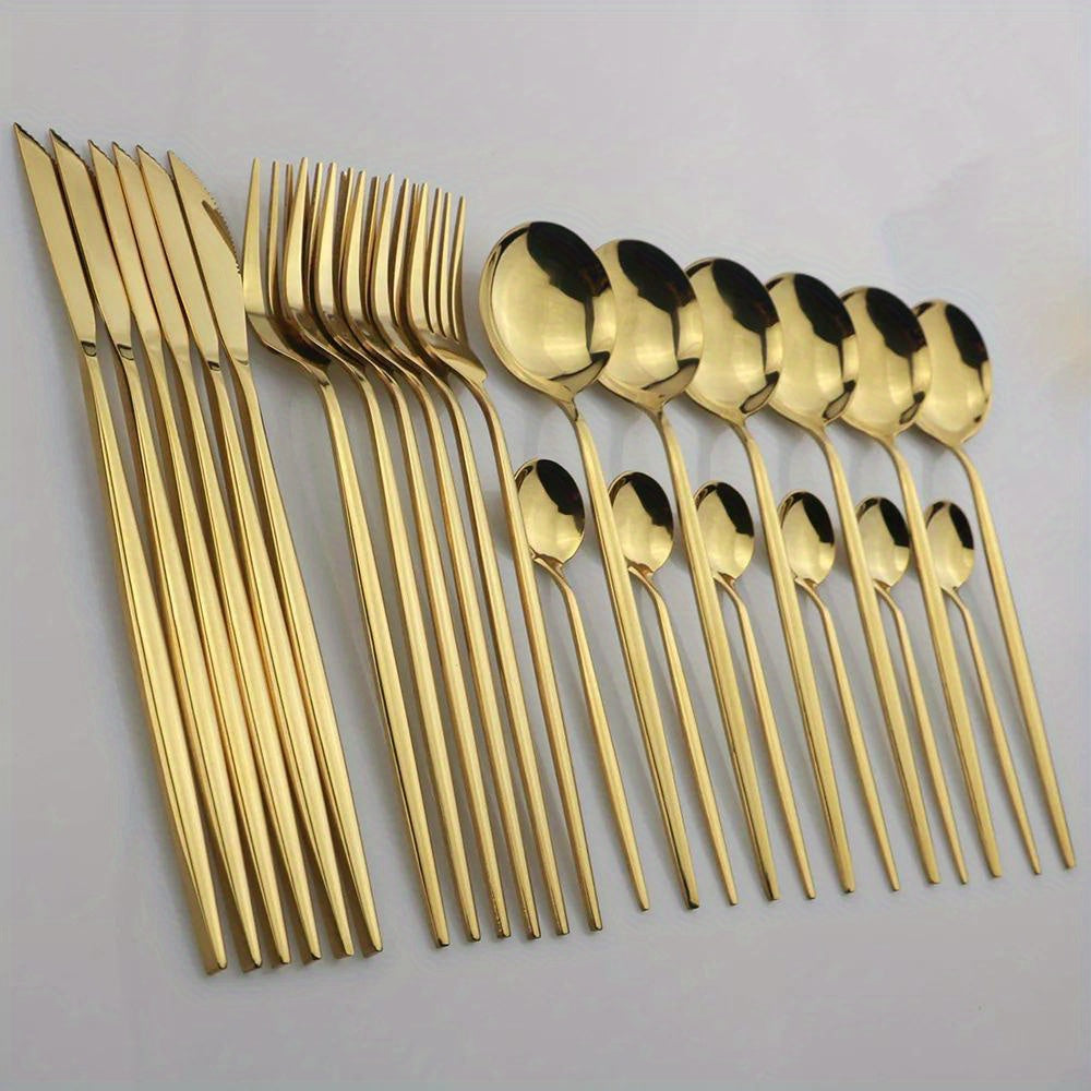 24pcs Gold Dinnerware Set Stainless Steel Tableware Set Knife Fork Spoon Flatware Set Dishwasher Safe Silverware Cutlery Set