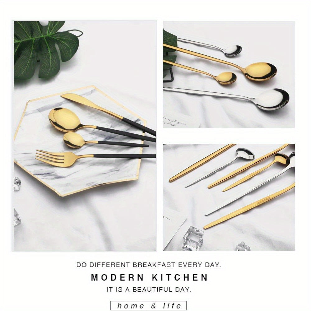 24pcs Gold Dinnerware Set Stainless Steel Tableware Set Knife Fork Spoon Flatware Set Dishwasher Safe Silverware Cutlery Set