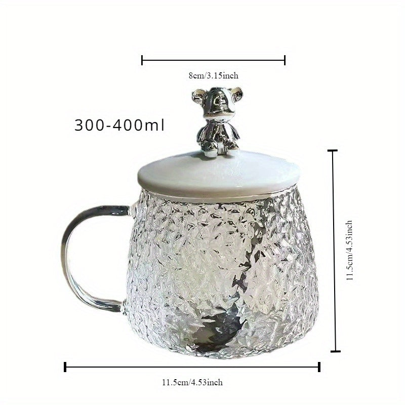 Teddy Bear Glass Mug Set with Handle, Spoon and Lid - High Aesthetic Value Drinking Glass Cup for Home Use