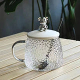 Teddy Bear Glass Mug Set with Handle, Spoon and Lid - High Aesthetic Value Drinking Glass Cup for Home Use