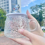 Teddy Bear Glass Mug Set with Handle, Spoon and Lid - High Aesthetic Value Drinking Glass Cup for Home Use