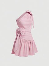 Summer Pink Asymmetrical Neck Bowknot Waist Short Dress With Pleats,Pastel Dresses For Women