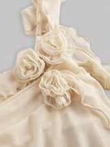 Beige Bodycon Knitted Mesh Dress With 3D Flower Decoration And Dangling Straps