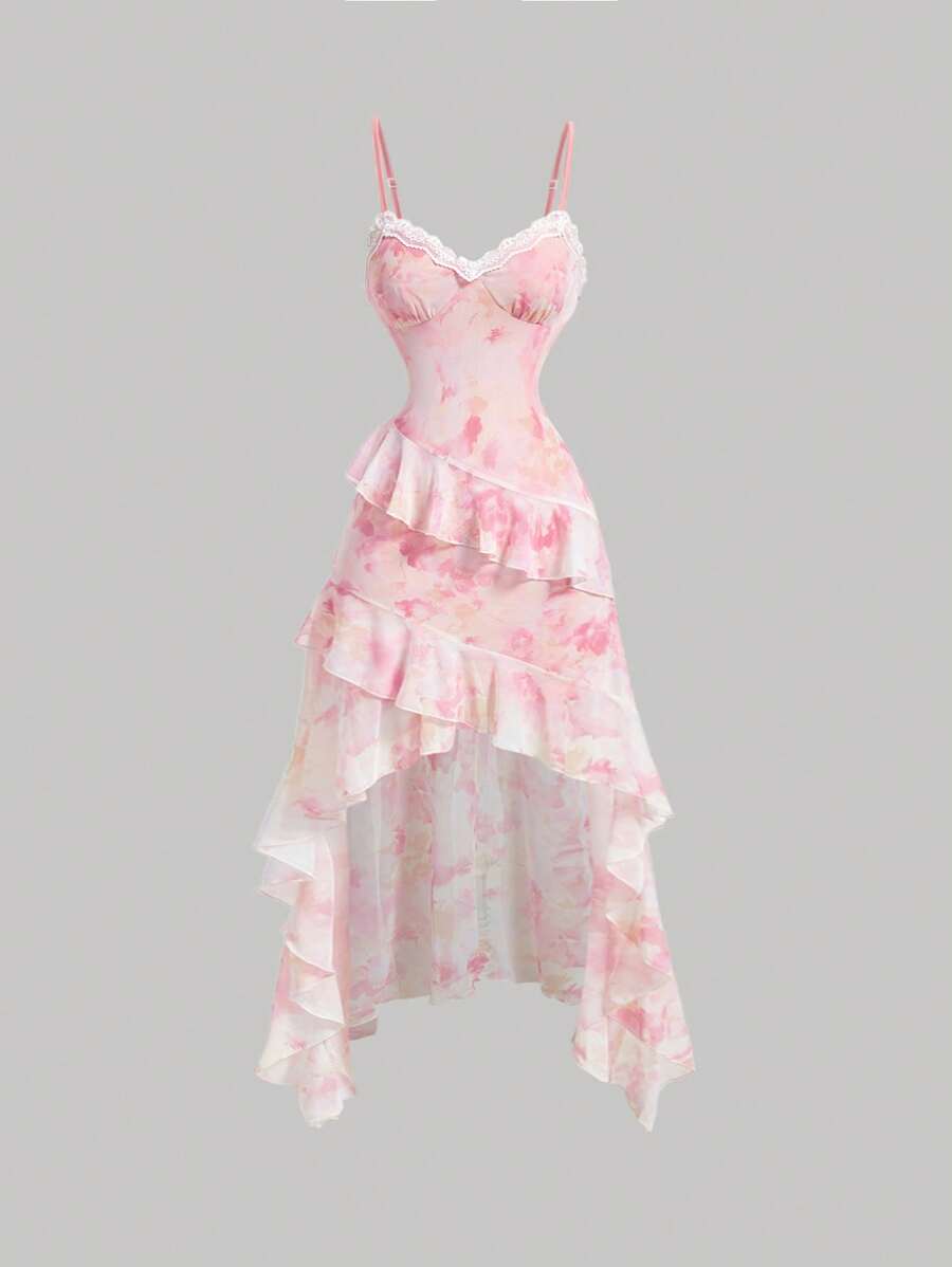 Women's Romantic Vintage Lace Dress With Ruffle Hemline, Bodycon Dress,Dress Party, Floral Dress,Summer Dress