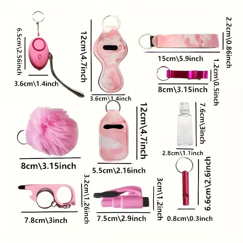 10 Pcs Safety Keychain Set For Women, 10 Pcs Safety Keychain Accessories, Self Defense Keychain Set For Girls With Safe Sound Personal Alarm, No Touch Door Opener, Whistle And Pom, Blue