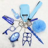 10 Pcs Safety Keychain Set For Women, 10 Pcs Safety Keychain Accessories, Self Defense Keychain Set For Girls With Safe Sound Personal Alarm, No Touch Door Opener, Whistle And Pom, Blue