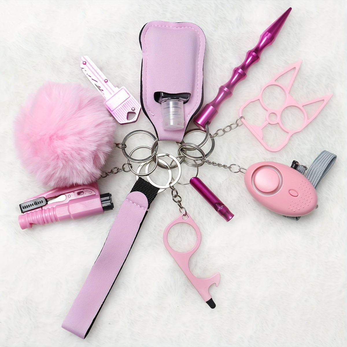 10 Pcs Safety Keychain Set For Women, 10 Pcs Safety Keychain Accessories, Self Defense Keychain Set For Girls With Safe Sound Personal Alarm, No Touch Door Opener, Whistle And Pom, Blue