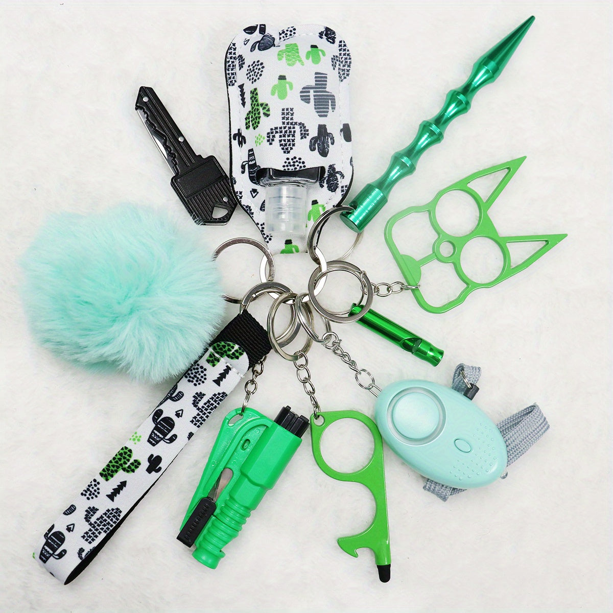 10 Pcs Safety Keychain Set For Women, 10 Pcs Safety Keychain Accessories, Self Defense Keychain Set For Girls With Safe Sound Personal Alarm, No Touch Door Opener, Whistle And Pom, Blue