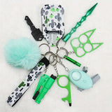 10 Pcs Safety Keychain Set For Women, 10 Pcs Safety Keychain Accessories, Self Defense Keychain Set For Girls With Safe Sound Personal Alarm, No Touch Door Opener, Whistle And Pom, Blue