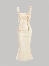 Beige Bodycon Knitted Mesh Dress With 3D Flower Decoration And Dangling Straps