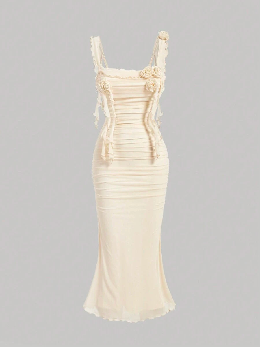 Beige Bodycon Knitted Mesh Dress With 3D Flower Decoration And Dangling Straps