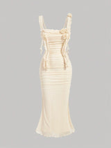 Beige Bodycon Knitted Mesh Dress With 3D Flower Decoration And Dangling Straps