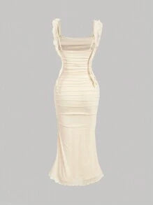 Beige Bodycon Knitted Mesh Dress With 3D Flower Decoration And Dangling Straps