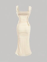 Beige Bodycon Knitted Mesh Dress With 3D Flower Decoration And Dangling Straps