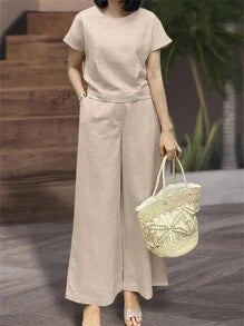 Neck Short Sleeve Casual Top And Wide Leg Pants Loose Set