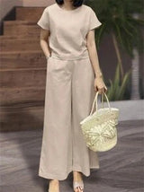 Neck Short Sleeve Casual Top And Wide Leg Pants Loose Set