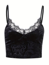 Women Casual Sexy Camisole Black Floral Lace Hem V-neck Sleeveless Camis Gothic Crop Tops Ladies Tank Tops Skinny Clubwear