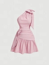 Summer Pink Asymmetrical Neck Bowknot Waist Short Dress With Pleats,Pastel Dresses For Women