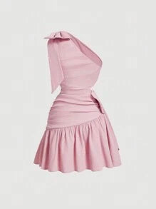 Summer Pink Asymmetrical Neck Bowknot Waist Short Dress With Pleats,Pastel Dresses For Women