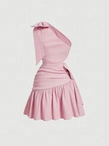 Summer Pink Asymmetrical Neck Bowknot Waist Short Dress With Pleats,Pastel Dresses For Women