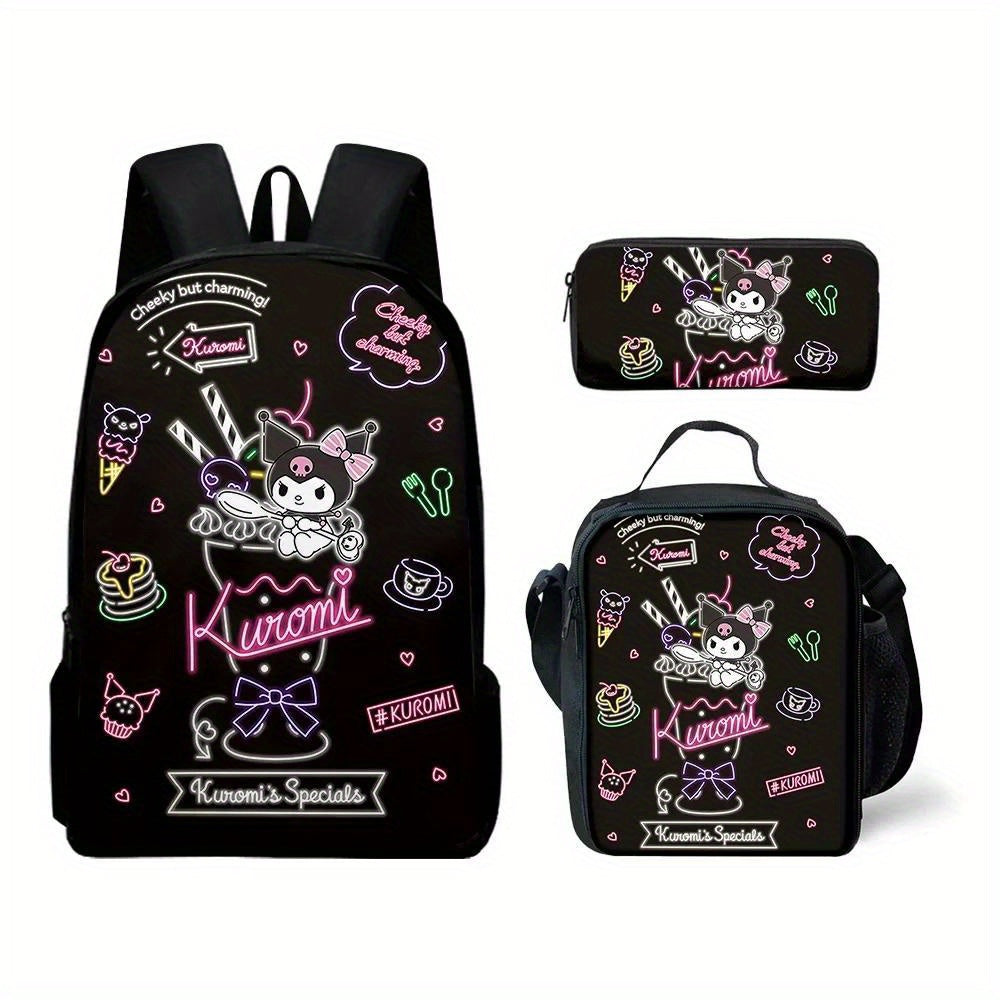 Sanrio Hello Kitty Kuromi Backpack and Pencil Case Set, Polyester School Bag and Accessory Pouch, Kawaii Cartoon Student Bookbag with Matching Zipper Organizer, Officially Licensed