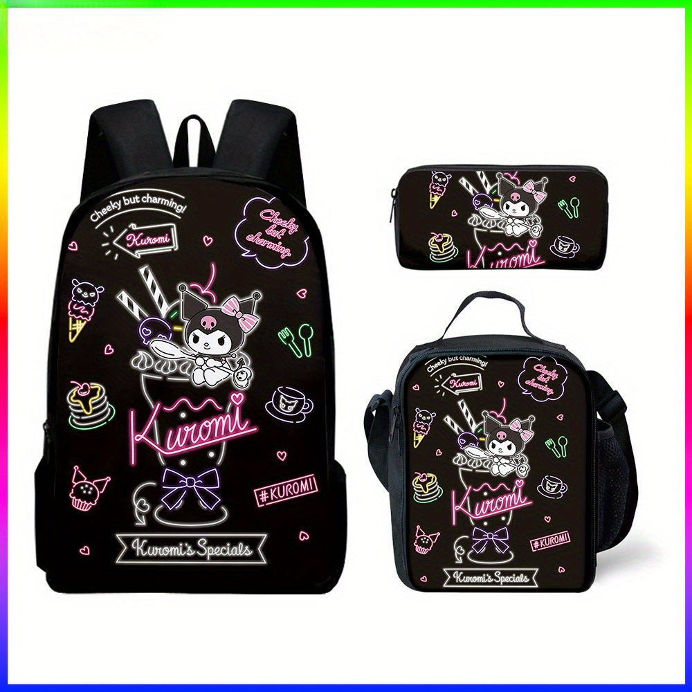Sanrio Hello Kitty Kuromi Backpack and Pencil Case Set, Polyester School Bag and Accessory Pouch, Kawaii Cartoon Student Bookbag with Matching Zipper Organizer, Officially Licensed