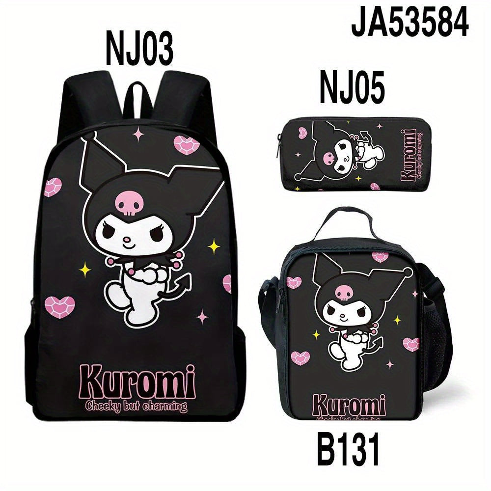 Sanrio Hello Kitty Kuromi Backpack and Pencil Case Set, Polyester School Bag and Accessory Pouch, Kawaii Cartoon Student Bookbag with Matching Zipper Organizer, Officially Licensed