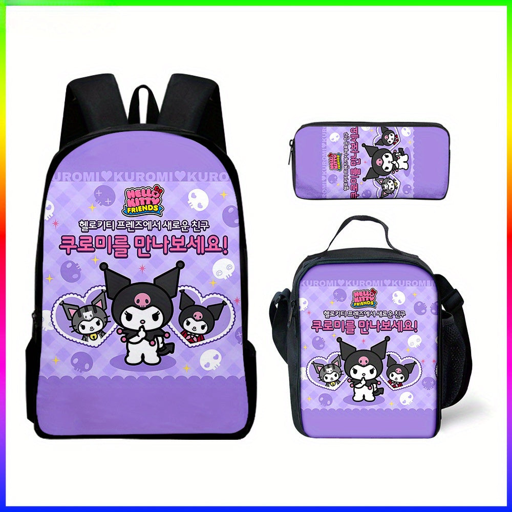 Sanrio Hello Kitty Kuromi Backpack and Pencil Case Set, Polyester School Bag and Accessory Pouch, Kawaii Cartoon Student Bookbag with Matching Zipper Organizer, Officially Licensed