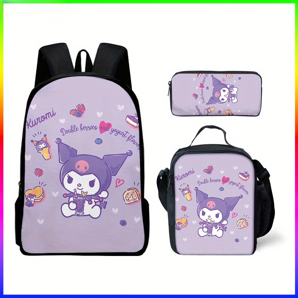 Sanrio Hello Kitty Kuromi Backpack and Pencil Case Set, Polyester School Bag and Accessory Pouch, Kawaii Cartoon Student Bookbag with Matching Zipper Organizer, Officially Licensed