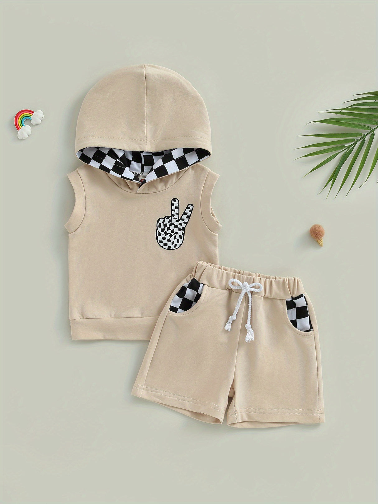 Toddler Boys 2pcs Shorts Sets Sleeveless Hooded Vest and Drawstring Checkerboard Shorts Sets, for Outdoor