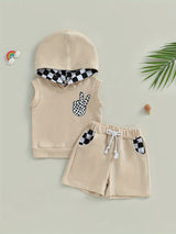 Toddler Boys 2pcs Shorts Sets Sleeveless Hooded Vest and Drawstring Checkerboard Shorts Sets, for Outdoor