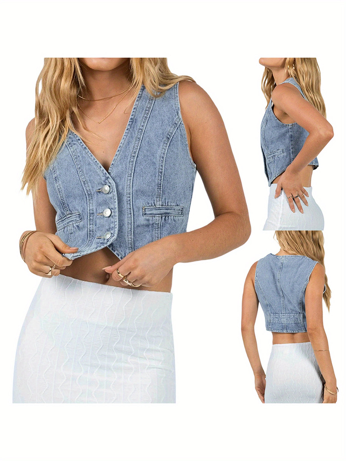 Women's Summer Jean Vest Tank Tops Sleeveless V Neck Button Down Denim Crop Tops Streetwear