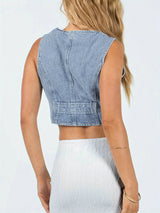 Women's Summer Jean Vest Tank Tops Sleeveless V Neck Button Down Denim Crop Tops Streetwear
