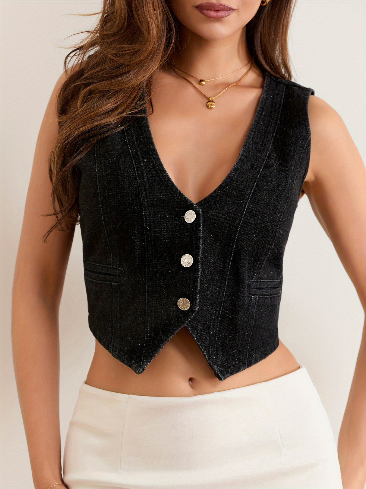 Women's Summer Jean Vest Tank Tops Sleeveless V Neck Button Down Denim Crop Tops Streetwear