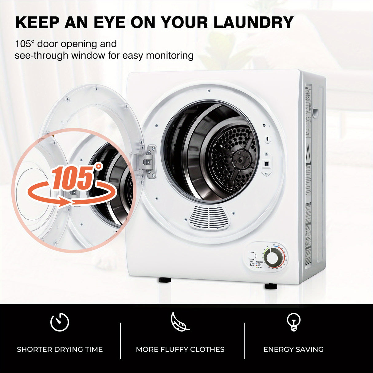 110V Portable Clothes Dryer - Compact 850W Laundry Dryer With 1.6 Cu.ft Front Load Capacity, Stainless Steel Tub - Electric Dryer Machine Ideal For Apartments, RVs, Dorms - Easy Control, White.