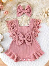 Cute Baby Girl's Soft, Comfortable, Breathable Solid Color Hollow Out Fringe Dress Romper With Headband, Suitable For Casual Parties, Holidays, And Outings