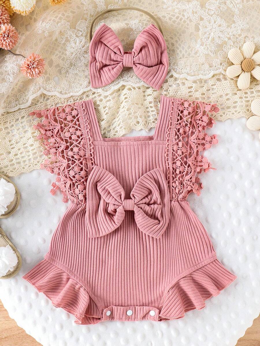 Cute Baby Girl's Soft, Comfortable, Breathable Solid Color Hollow Out Fringe Dress Romper With Headband, Suitable For Casual Parties, Holidays, And Outings