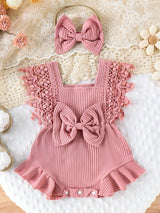 Cute Baby Girl's Soft, Comfortable, Breathable Solid Color Hollow Out Fringe Dress Romper With Headband, Suitable For Casual Parties, Holidays, And Outings