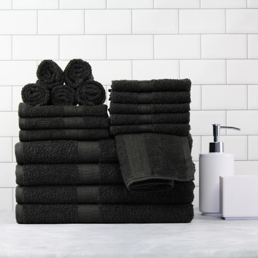 18-Piece Luxurious Solid Bath Towel Set Collection - Soft, Absorbent, and Quick-Drying - Black Color, Ideal for Bathroom Essentials and Everyday Use