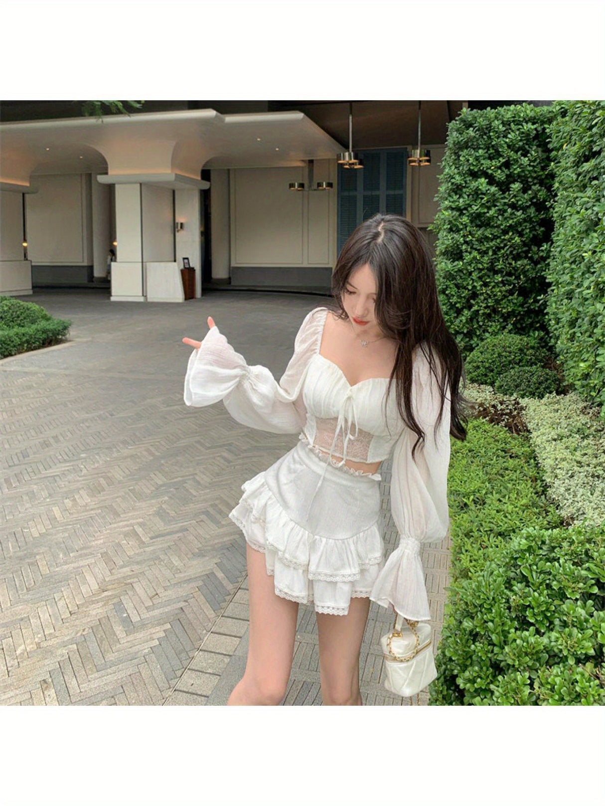 Women's Long Sleeve Crop Tops, Solid Color Patchwork Tie Up See-Through Blouse, Casual Sweet Style Tops